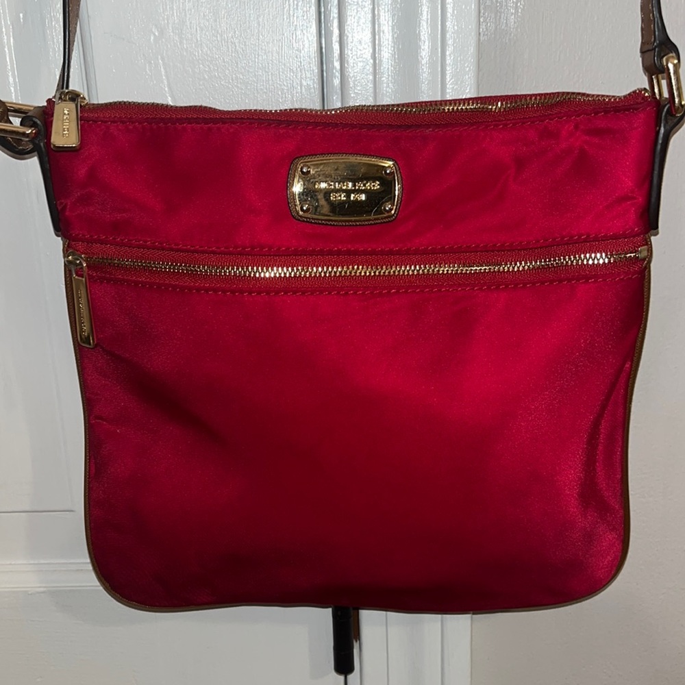 Michael Kors red nylon brown leather trim
